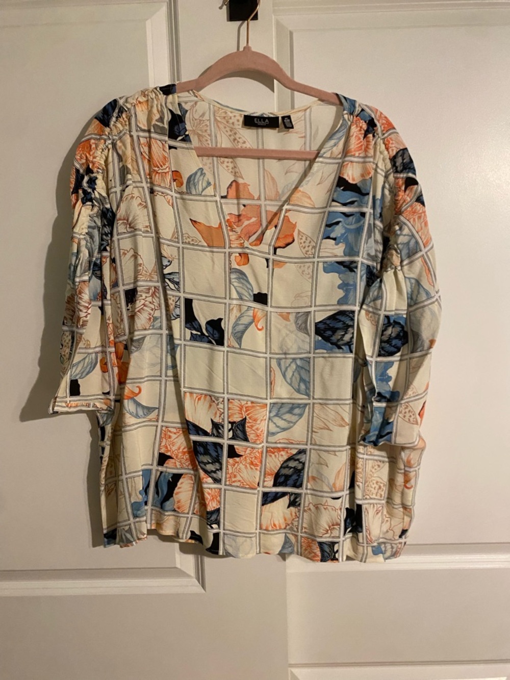 Rafaella Cream Blouse with Blue and Orange Floral Grid - Picture 2 of 4